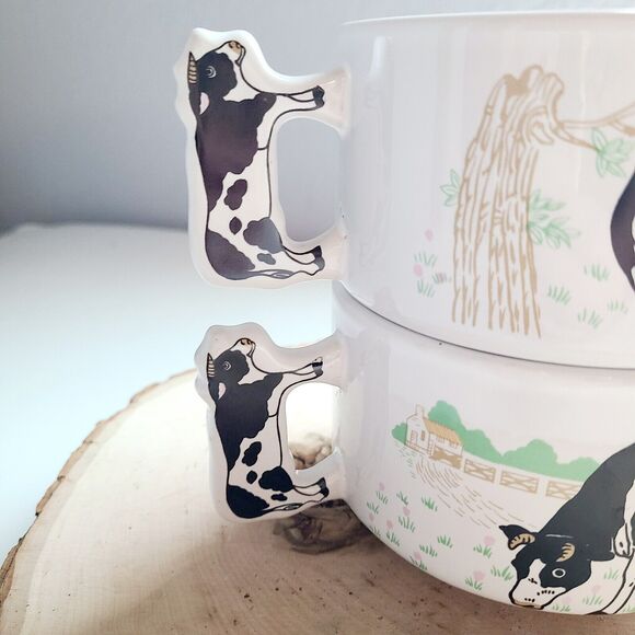 Vtg Holstein Cows Calf Double Handle Soup Bowls Mugs Farmhouse Stackable - Picture 2 of 6